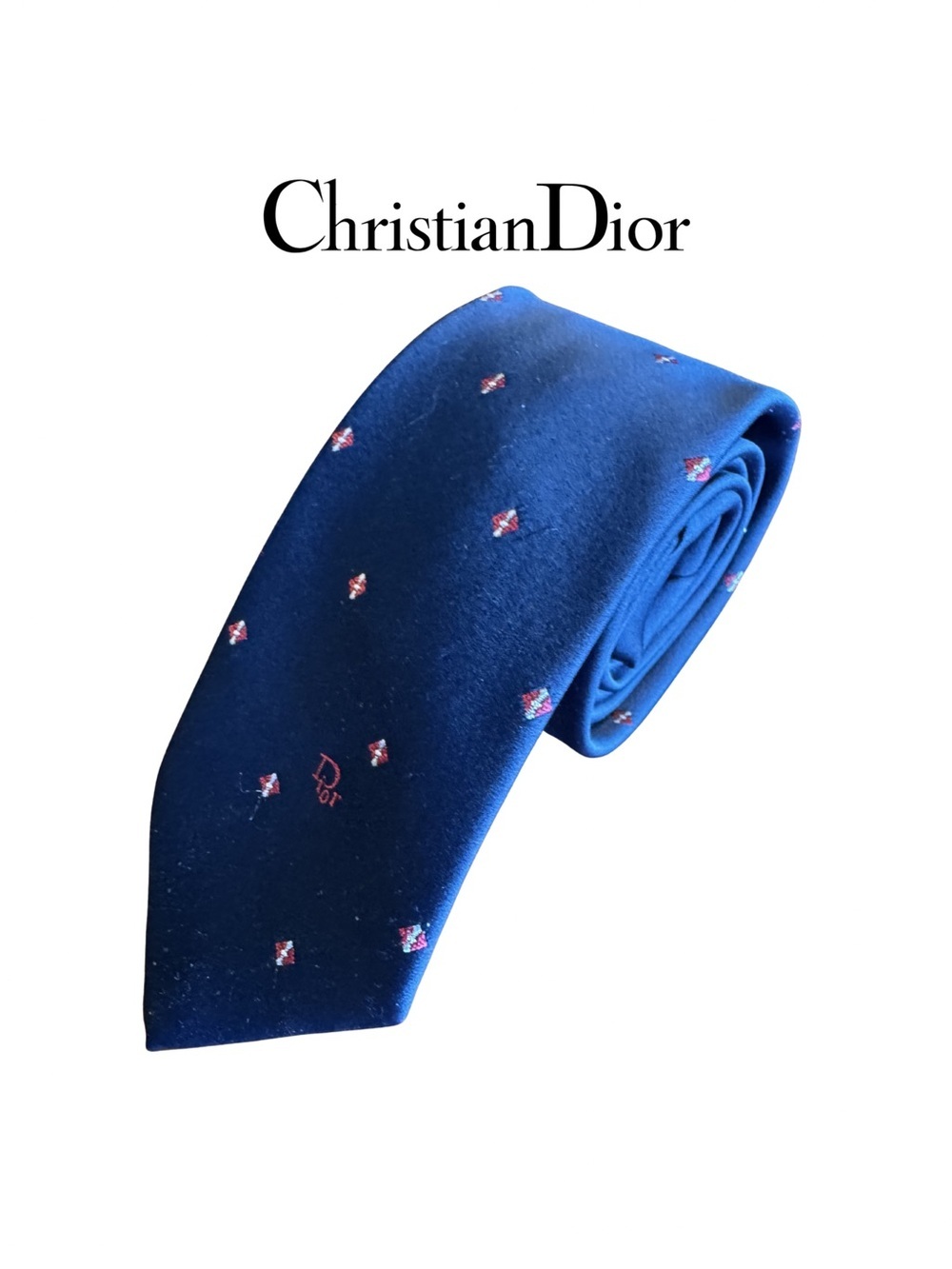 Vintage Christian Dior Navy Blue Logo Dot Silk Blend Neck Tie Designer Monogram